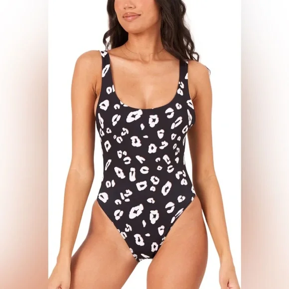 BNWT! ONZIE, High Leg One Piece, bathing suit, black, white & tan leopard print - Picture 1 of 12